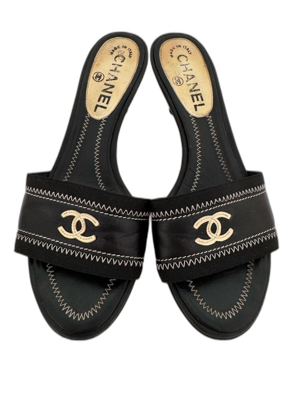 Chanel Vintage Black Leather CC Logo Open Toe Kitten Heels Mules Shoes EU 36.5